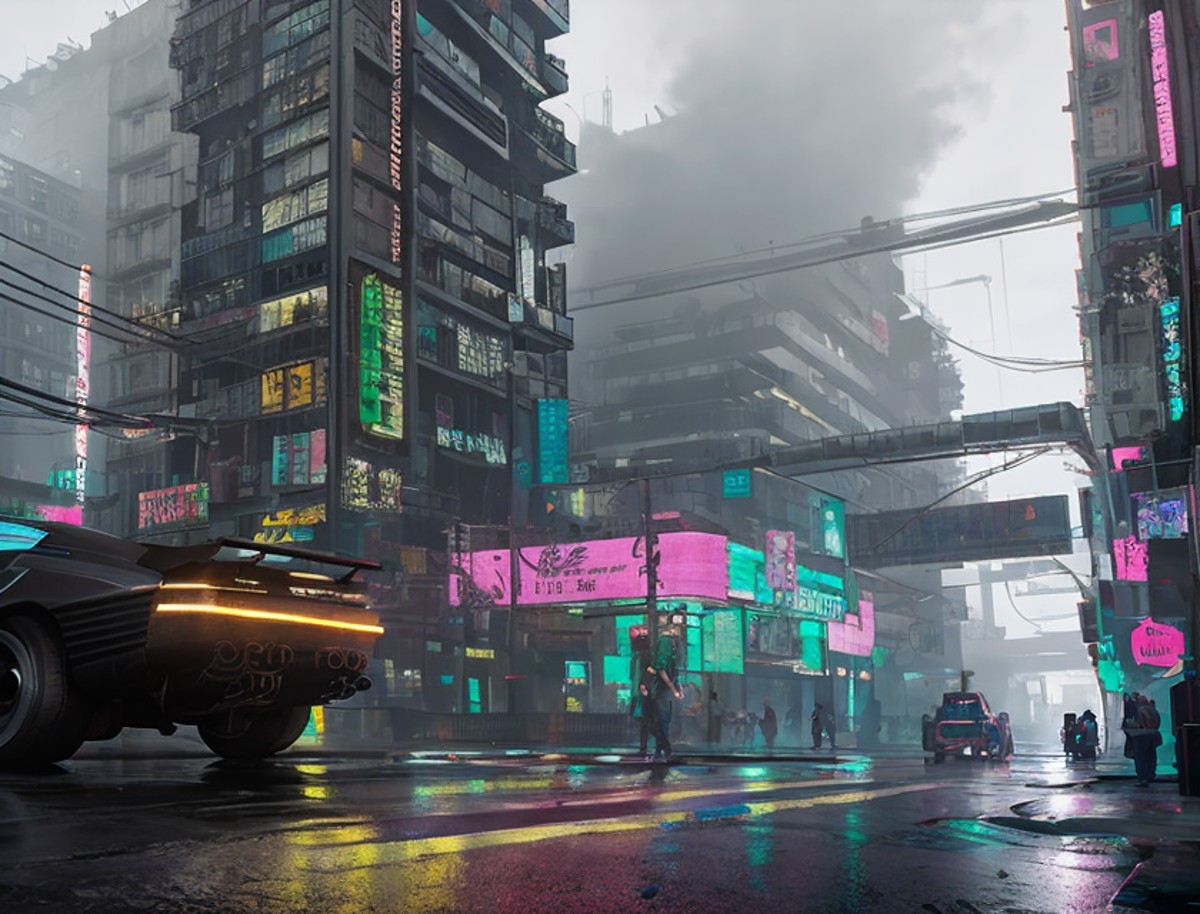 (dark theme:0.9),  city street, cyberpunk 2077 <lora:Cyberpunk 2077:0.7>, (hdr:1.22), muted colors, complex background, hy...